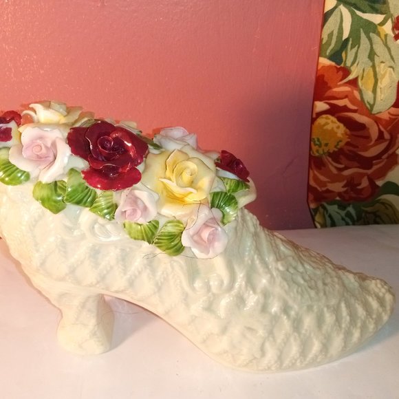 Fancy Ladies WHITE 8" Dress Shoe - Dresser Decor with PURPLE & PINK FLOWERS - Picture 3 of 11